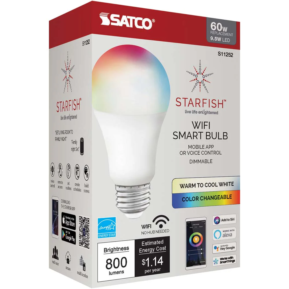 Satco 9.5w A19 LED RGB Tunable White Starfish IOT 800 Lumens 120 Volt - Image 2