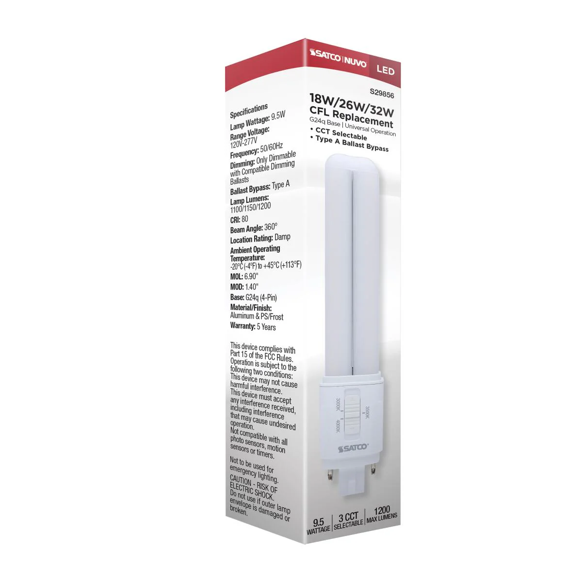 Satco 9.5w LED PL CCT Selectable G24q Base - Ballast Dependent Bulb - Image 4