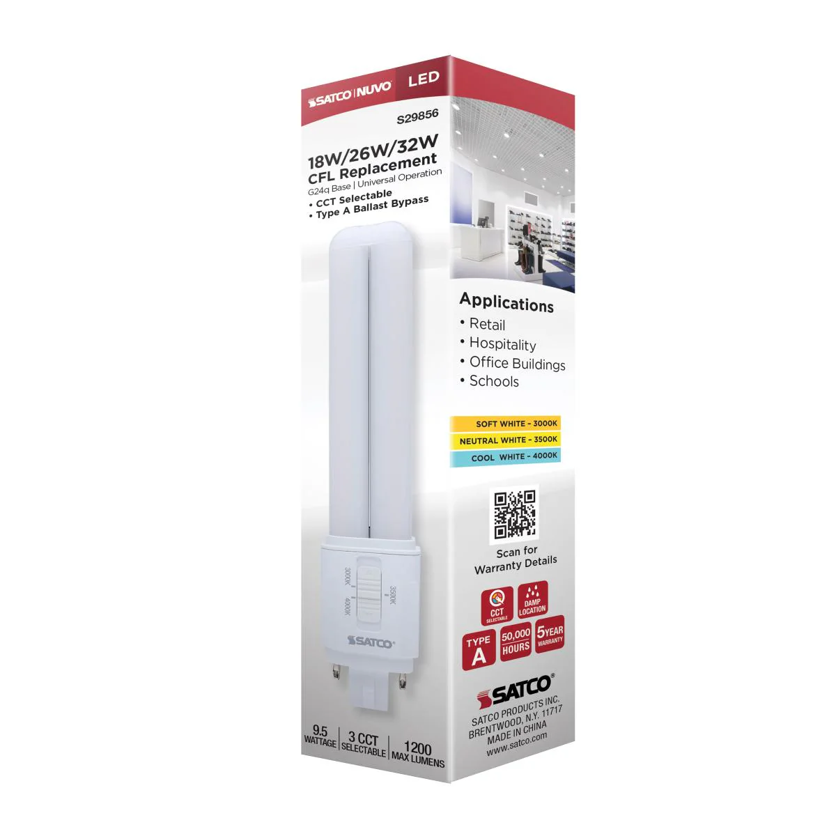 Satco 9.5w LED PL CCT Selectable G24q Base - Ballast Dependent Bulb - Image 5