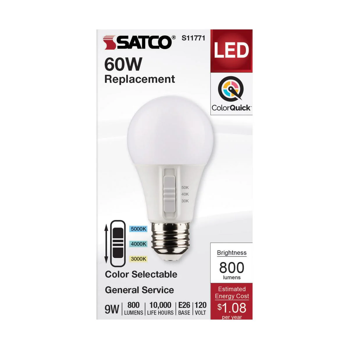 Satco 9w A19 LED 120v CCT Selectable 90 CRI White Finish Bulb - Image 4