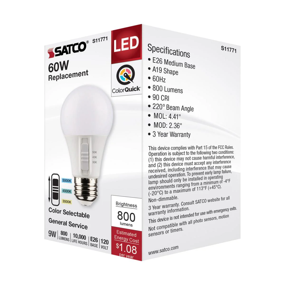 Satco 9w A19 LED 120v CCT Selectable 90 CRI White Finish Bulb - Image 6