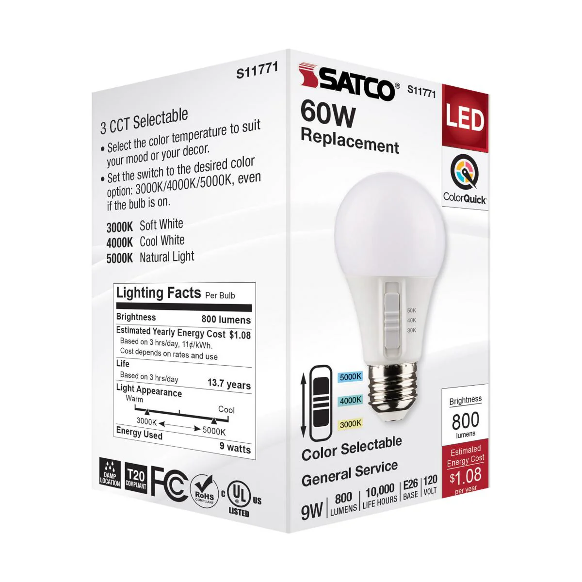 Satco 9w A19 LED 120v CCT Selectable 90 CRI White Finish Bulb - Image 7