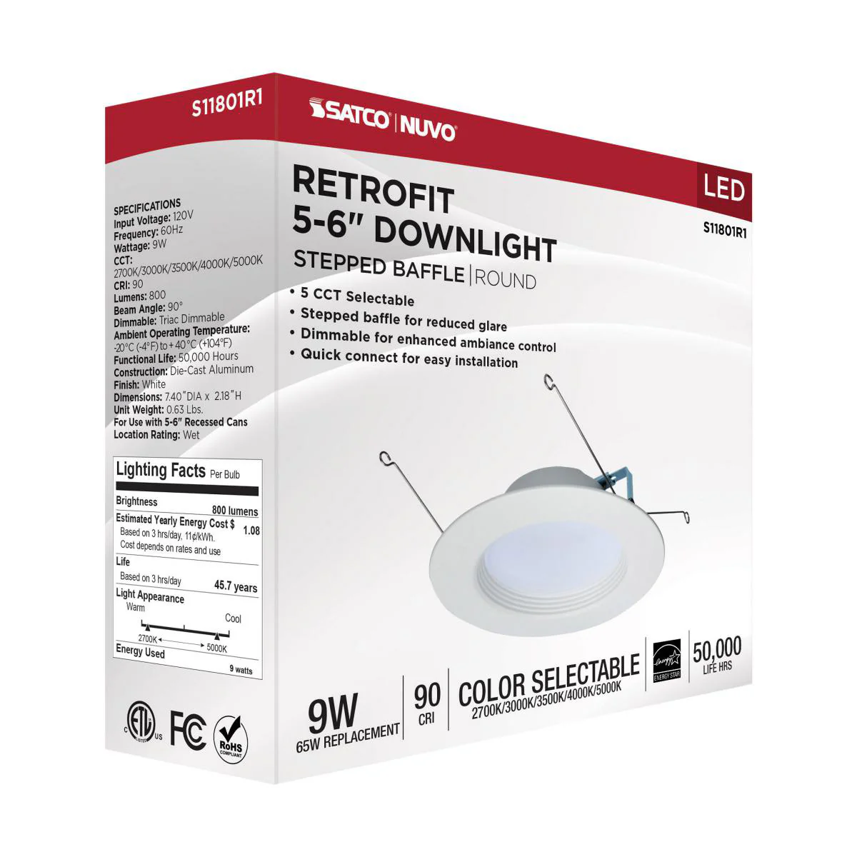 Satco 9w LED Downlight Retrofit 5-6" Adjustable Color Temperature 120v Dimmable - Image 4