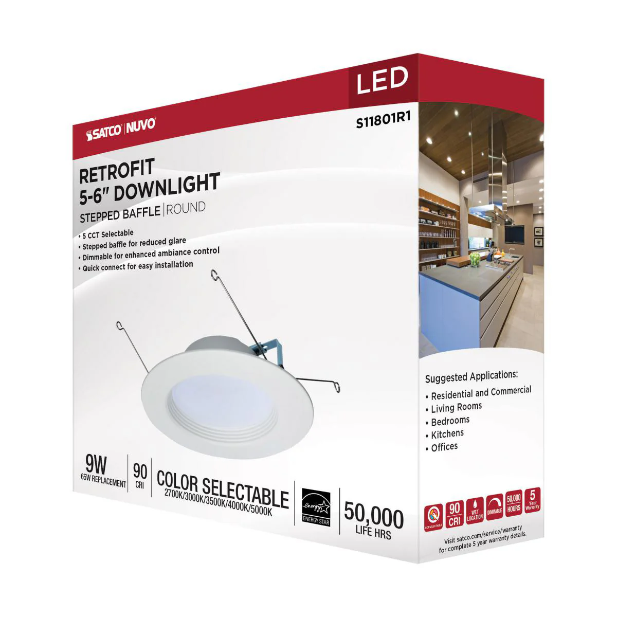 Satco 9w LED Downlight Retrofit 5-6" Adjustable Color Temperature 120v Dimmable - Image 6