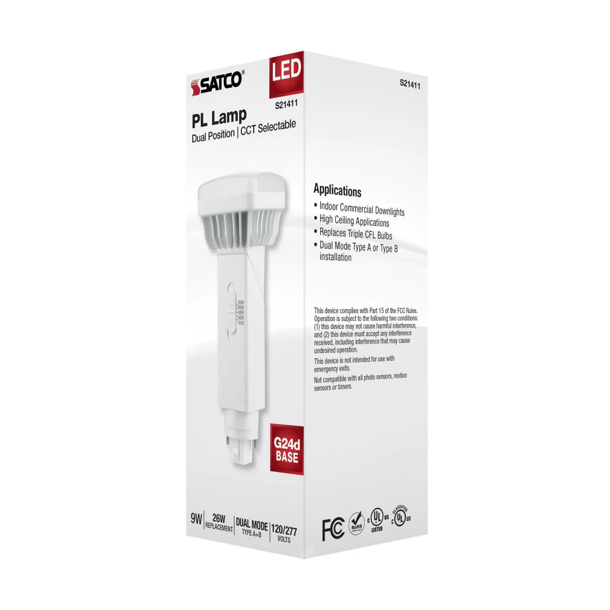 Satco 9w PL 2-Pin LED 1100Lm G24d Base 120-277v CCT Selectable White Finish Bulb - Image 6