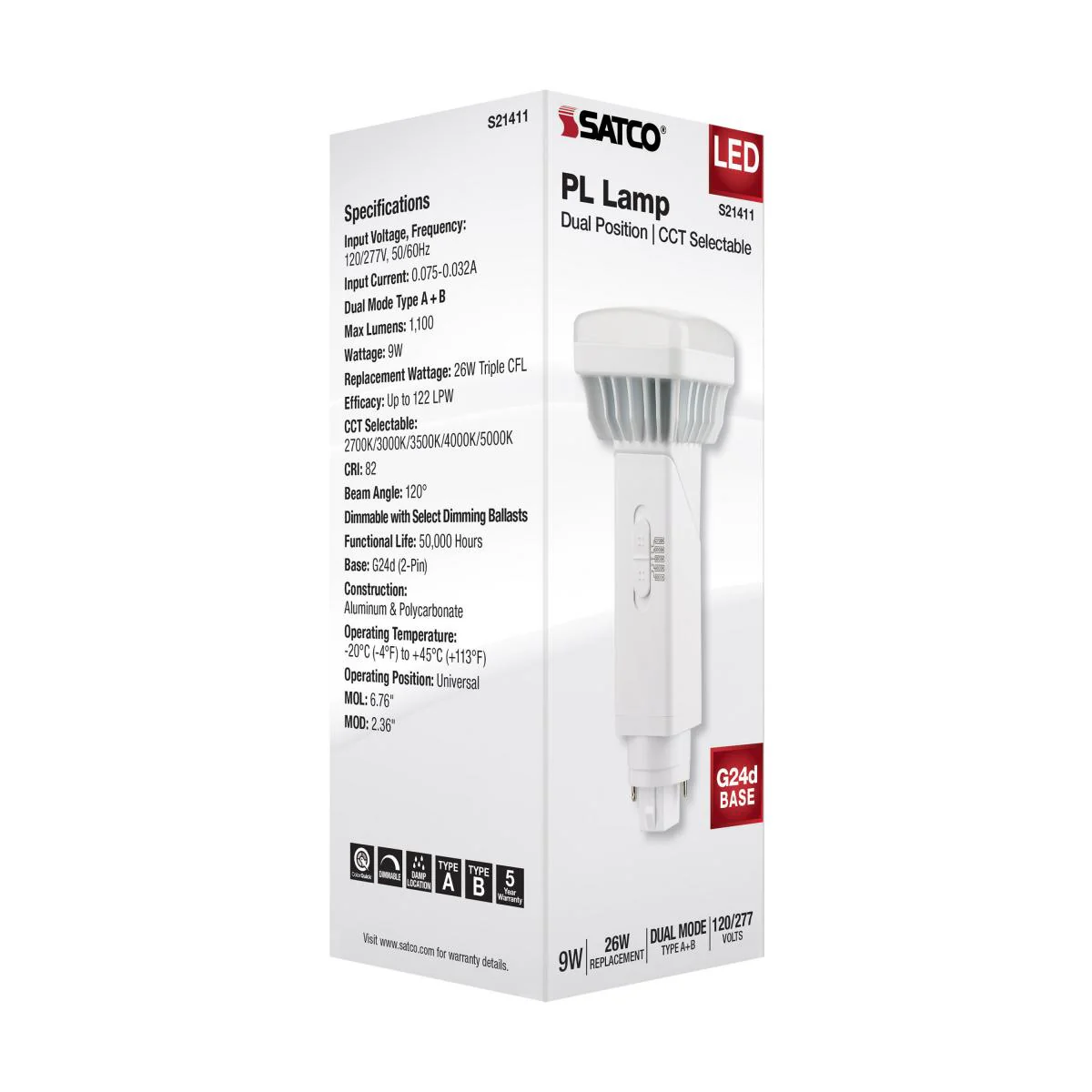 Satco 9w PL 2-Pin LED 1100Lm G24d Base 120-277v CCT Selectable White Finish Bulb - Image 7