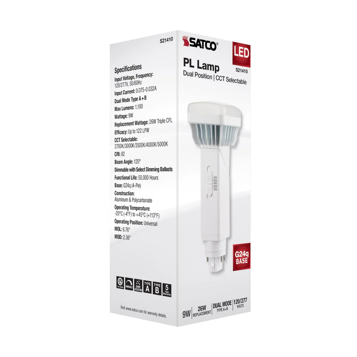 Satco 9w PL 4-Pin LED 1100Lm G24q Base 120-277v CCT Selectable White Finish Bulb - Image 7