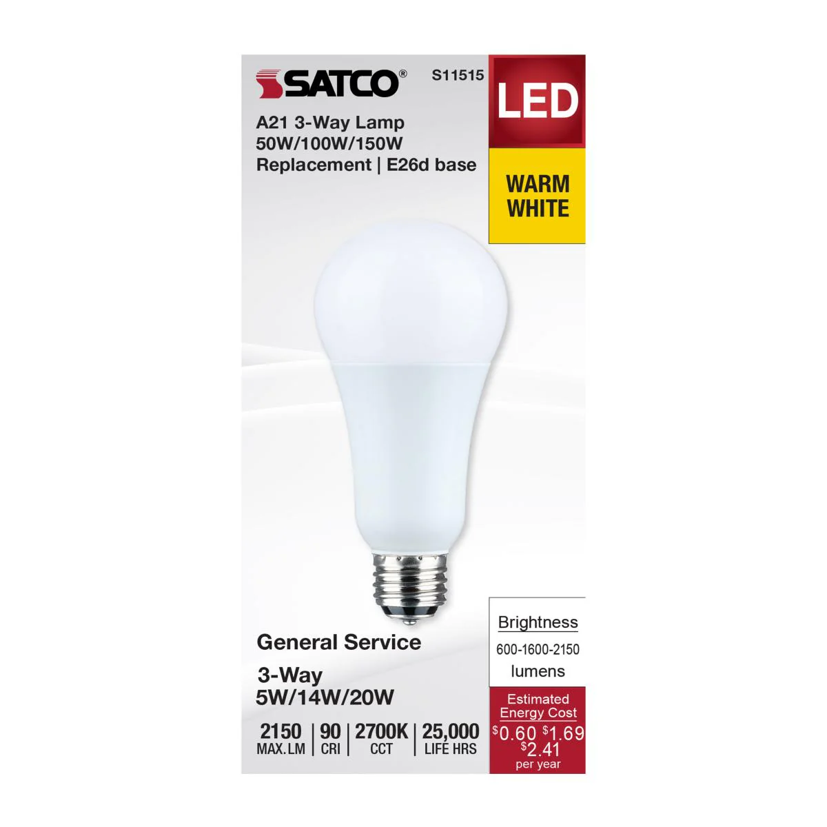 Satco A21 LED 3-Way Lamp Wattage Tunable 2700K E26d Double Contact Base 120v - Image 3