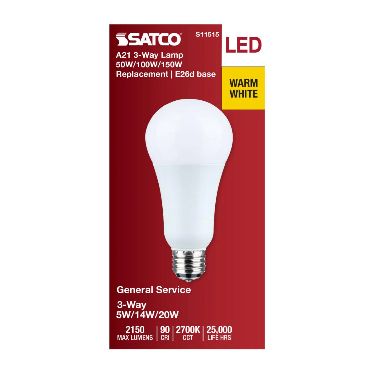 Satco A21 LED 3-Way Lamp Wattage Tunable 2700K E26d Double Contact Base 120v - Image 4