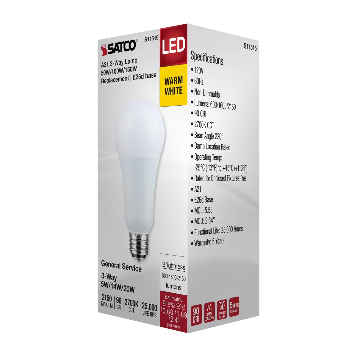 Satco A21 LED 3-Way Lamp Wattage Tunable 2700K E26d Double Contact Base 120v - Image 5