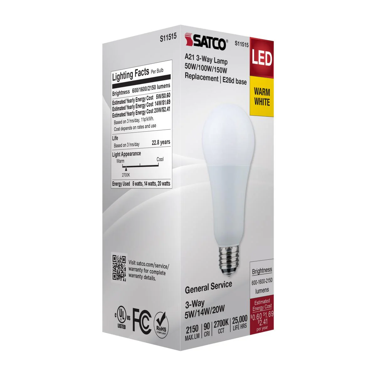 Satco A21 LED 3-Way Lamp Wattage Tunable 2700K E26d Double Contact Base 120v - Image 6