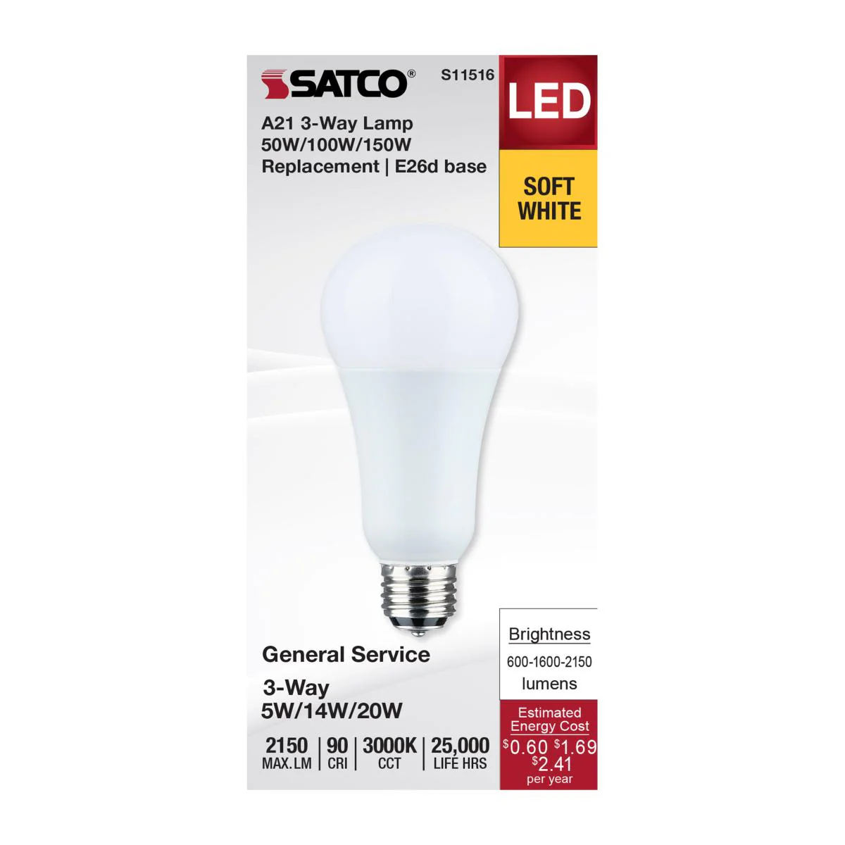 Satco A21 LED 3-Way Lamp Wattage Tunable 3000K E26d Double Contact Base 120v - Image 3