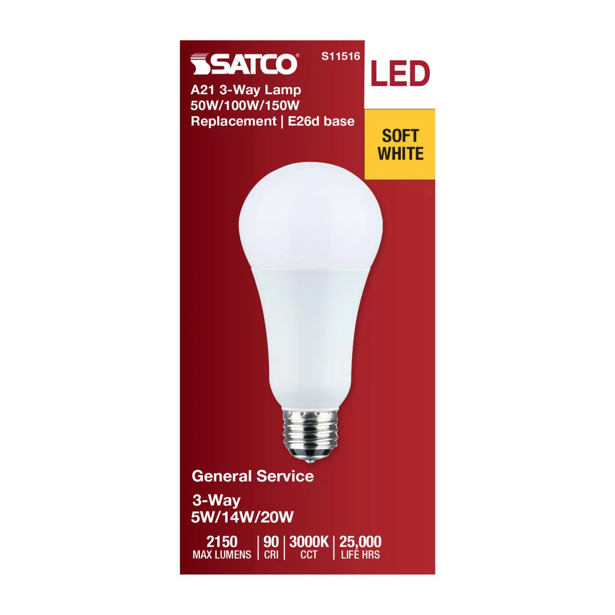 Satco A21 LED 3-Way Lamp Wattage Tunable 3000K E26d Double Contact Base 120v - Image 4