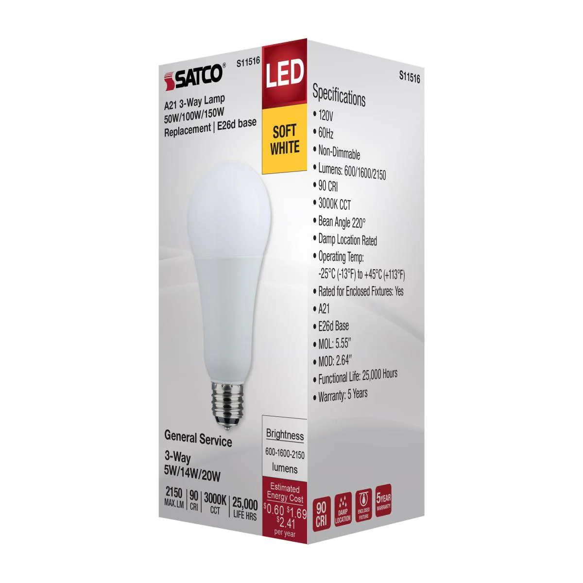 Satco A21 LED 3-Way Lamp Wattage Tunable 3000K E26d Double Contact Base 120v - Image 5