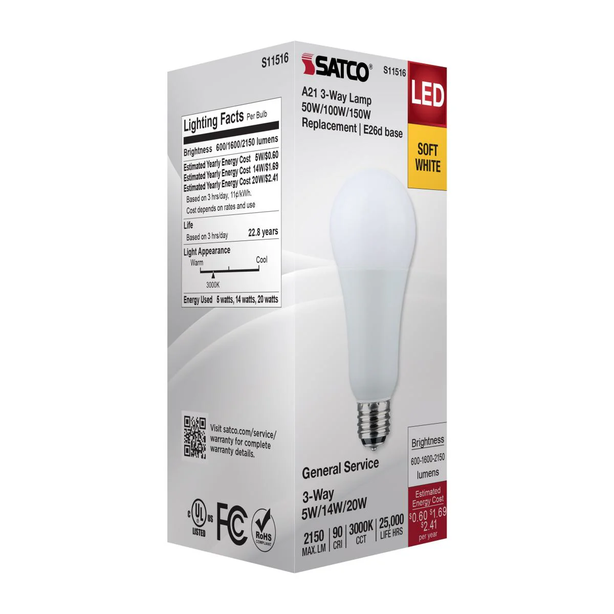 Satco A21 LED 3-Way Lamp Wattage Tunable 3000K E26d Double Contact Base 120v - Image 6