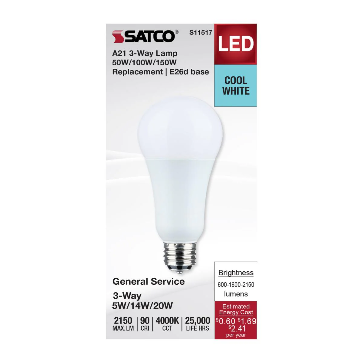 Satco A21 LED 3-Way Lamp Wattage Tunable 4000K E26d Double Contact Base 120v - Image 3