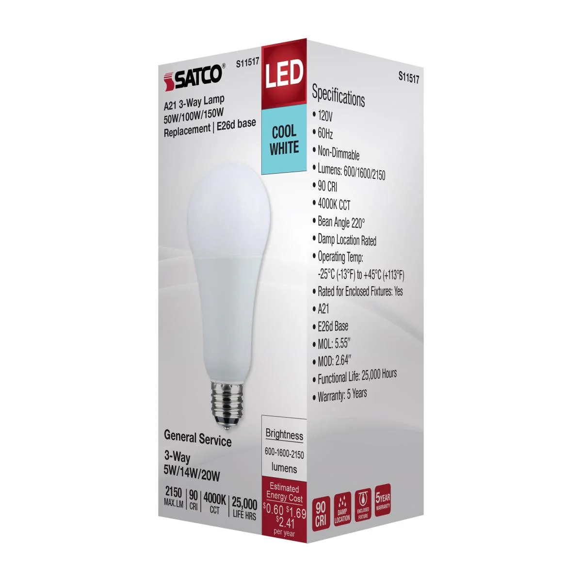 Satco A21 LED 3-Way Lamp Wattage Tunable 4000K E26d Double Contact Base 120v - Image 4