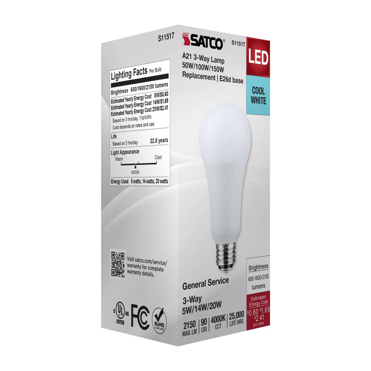 Satco A21 LED 3-Way Lamp Wattage Tunable 4000K E26d Double Contact Base 120v - Image 5