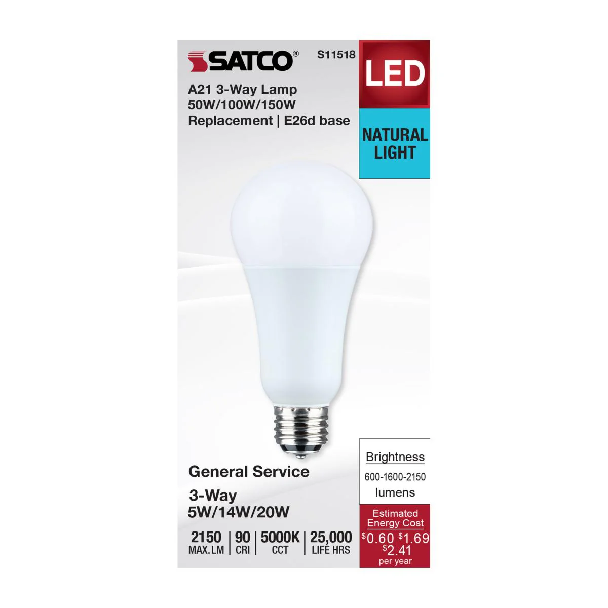 Satco A21 LED 3-Way Lamp Wattage Tunable 5000K E26d Double Contact Base 120v - Image 3