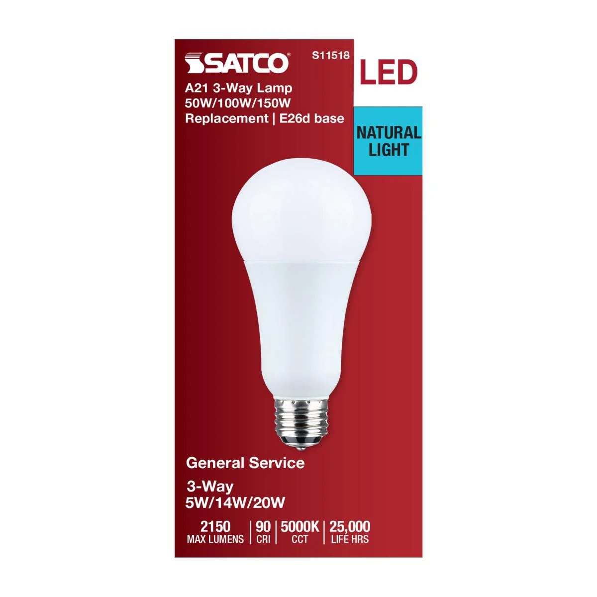 Satco A21 LED 3-Way Lamp Wattage Tunable 5000K E26d Double Contact Base 120v - Image 4