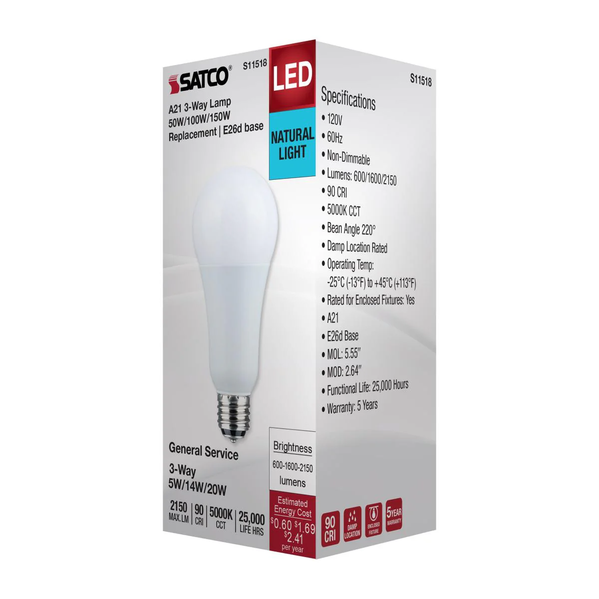 Satco A21 LED 3-Way Lamp Wattage Tunable 5000K E26d Double Contact Base 120v - Image 5