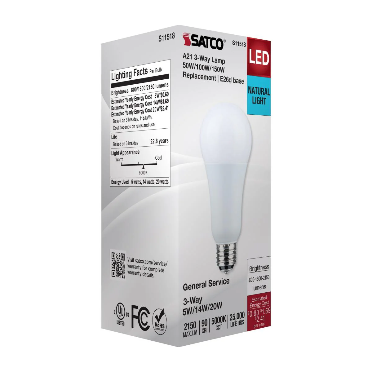 Satco A21 LED 3-Way Lamp Wattage Tunable 5000K E26d Double Contact Base 120v - Image 6