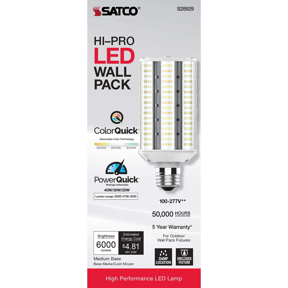 Satco LED Hi-Pro Wall Pack 20/30/40w CCT Selectable Medium Base 100-277V - Image 2
