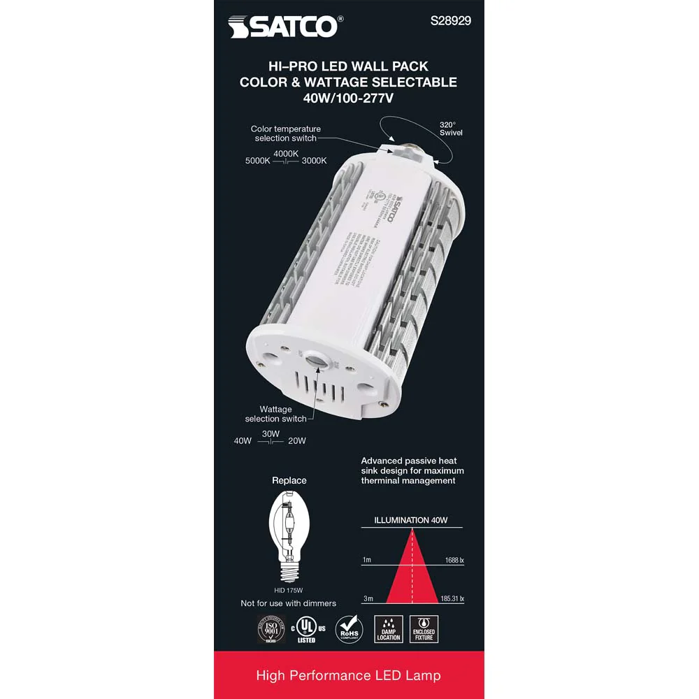 Satco LED Hi-Pro Wall Pack 20/30/40w CCT Selectable Medium Base 100-277V - Image 3