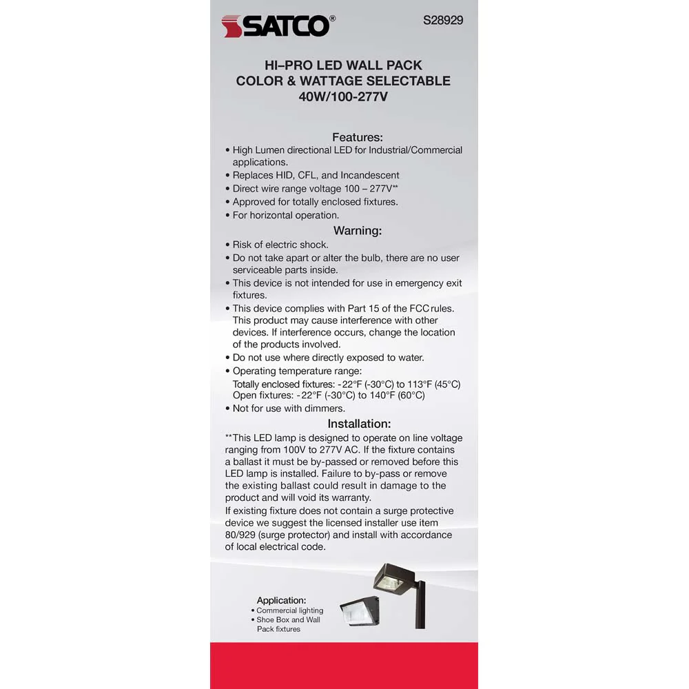 Satco LED Hi-Pro Wall Pack 20/30/40w CCT Selectable Medium Base 100-277V - Image 5