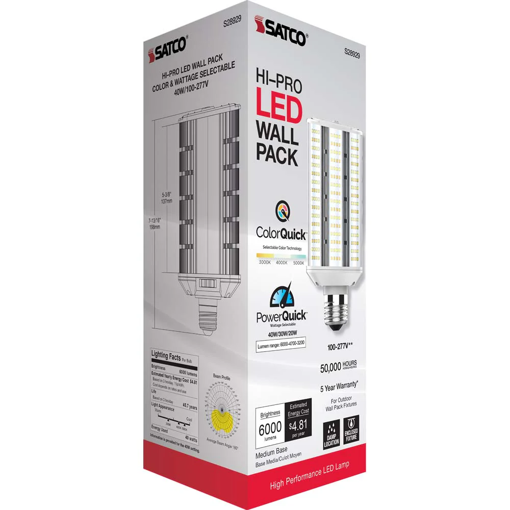 Satco LED Hi-Pro Wall Pack 20/30/40w CCT Selectable Medium Base 100-277V - Image 7