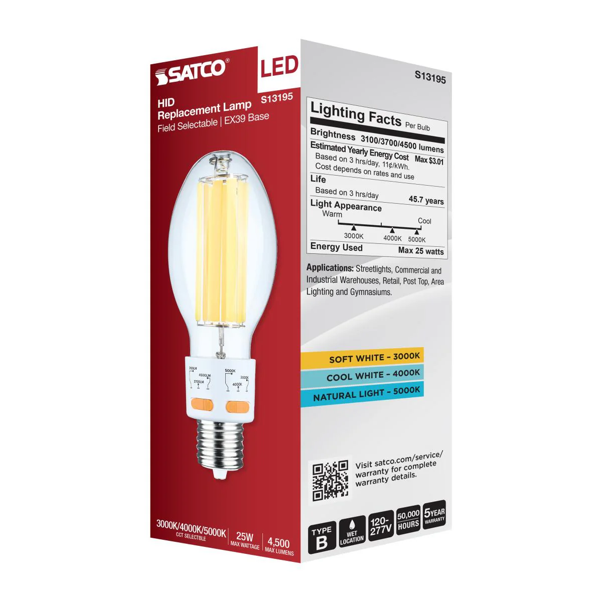 Satco LED HID Replacement ED28 Wattage and CCT Tunable EX39 Base 120-277v Bulb - Image 7