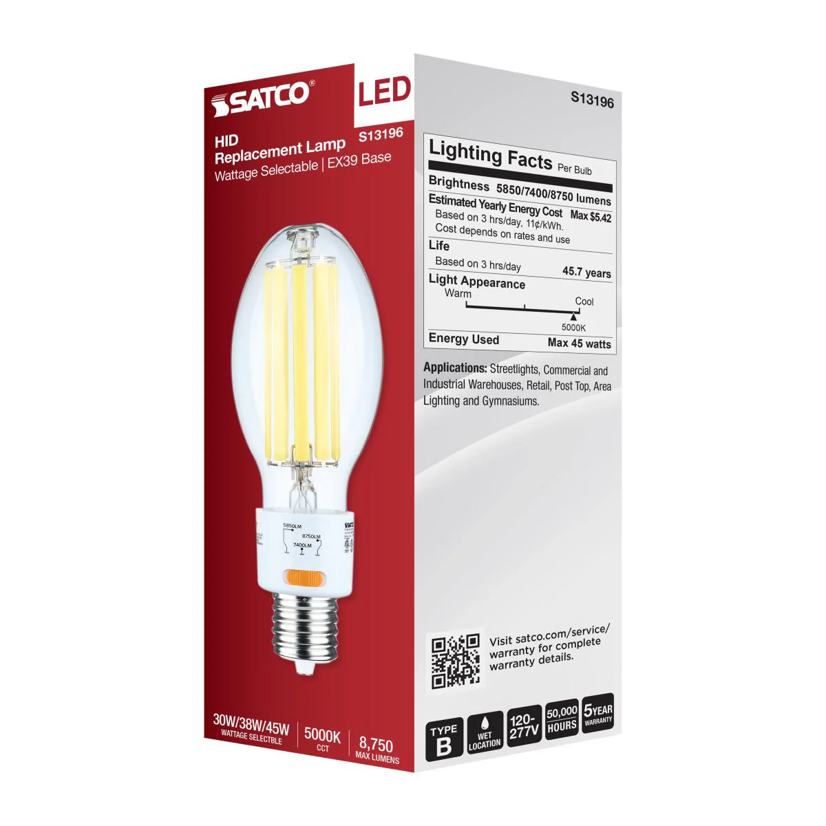 Satco LED HID Replacement ED28 Wattage Tunable 5000K EX39 Base 120-277v Bulb - Image 7