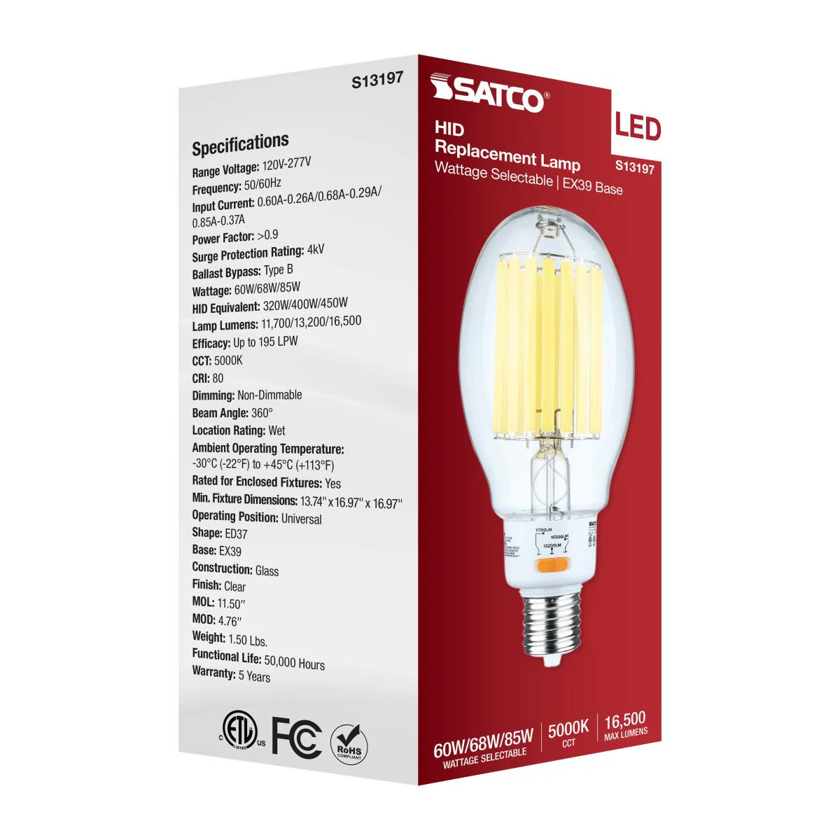 Satco LED HID Replacement ED37 Wattage Tunable 5000K EX39 Base 120-277v Bulb - Image 6