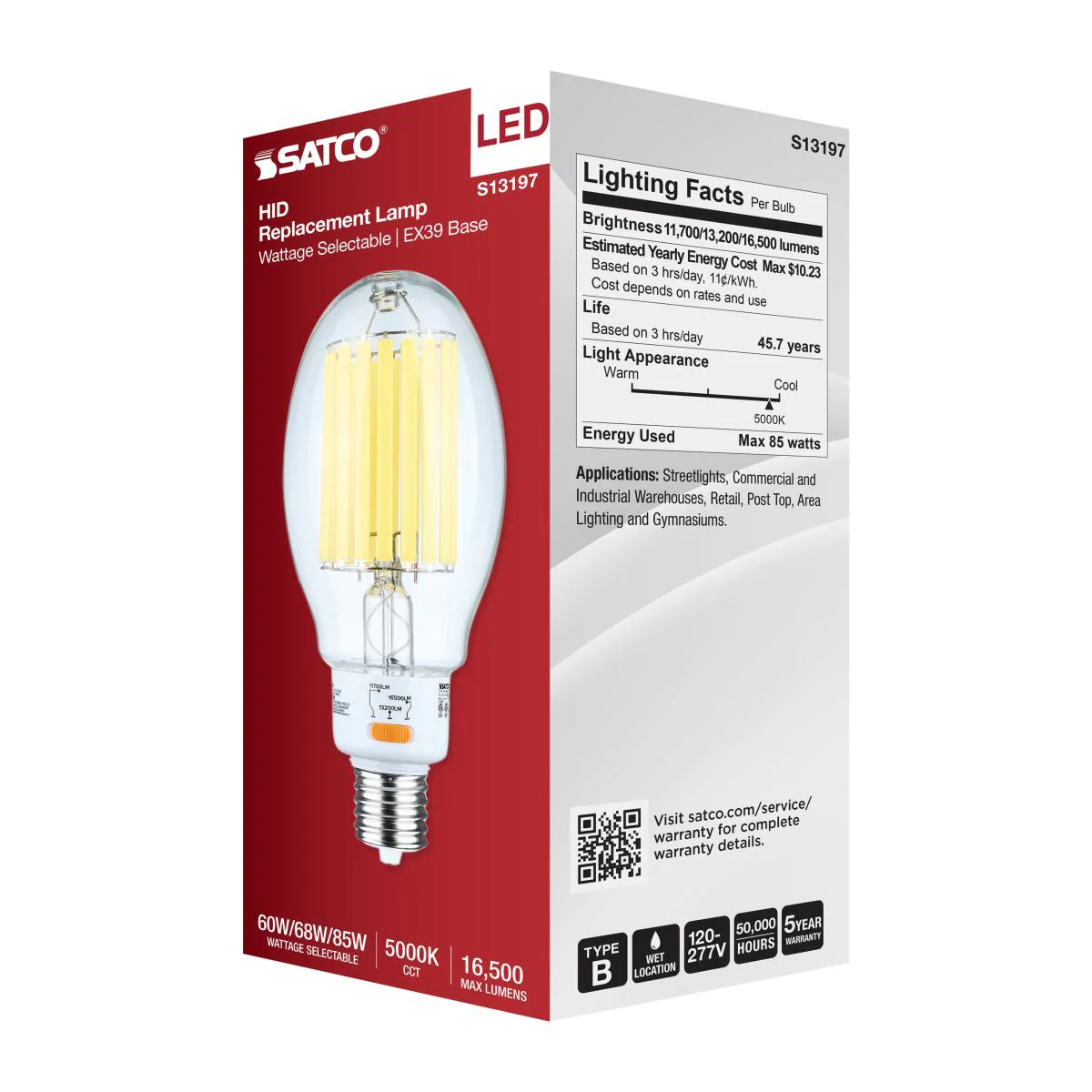 Satco LED HID Replacement ED37 Wattage Tunable 5000K EX39 Base 120-277v Bulb - Image 7