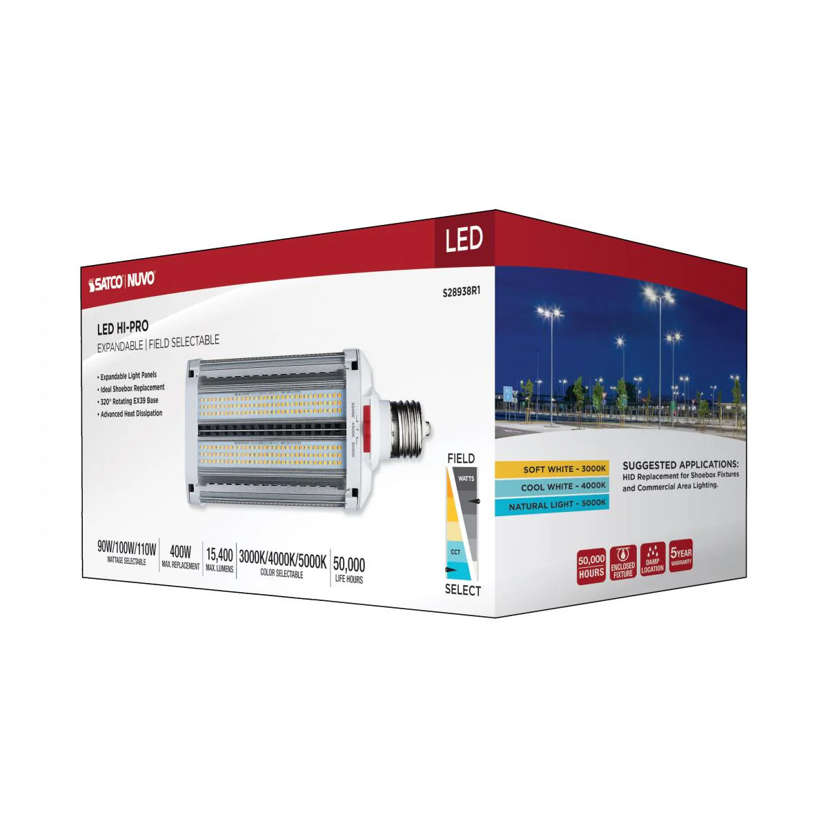Satco LED Shoe Box Lamp Wattage and CCT Tunable 120-277v White Finish Bulb - Image 7