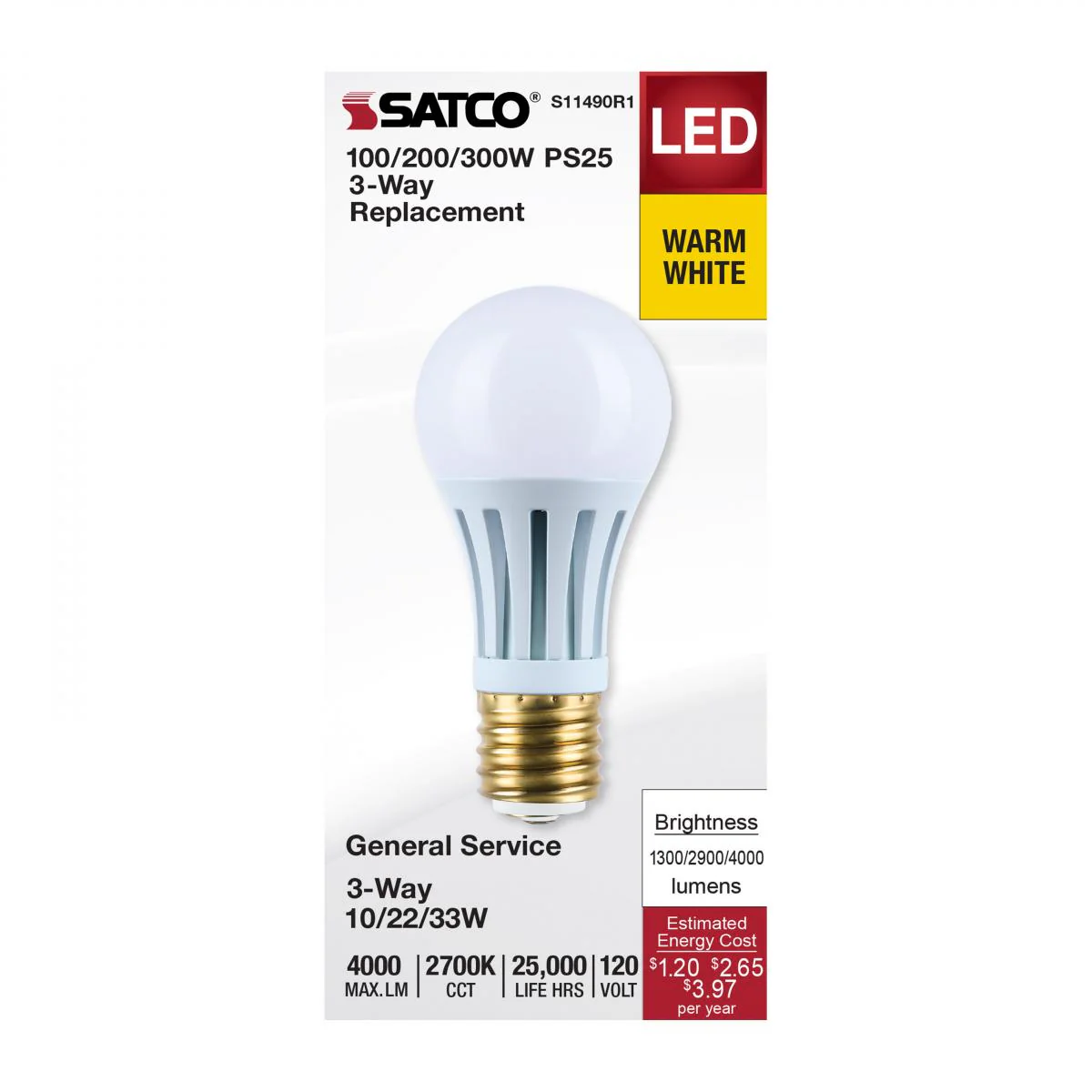 Satco PS25 LED Three-Way Lamp Wattage Tunable 2700K E39d Mogul Base 120v - Image 2