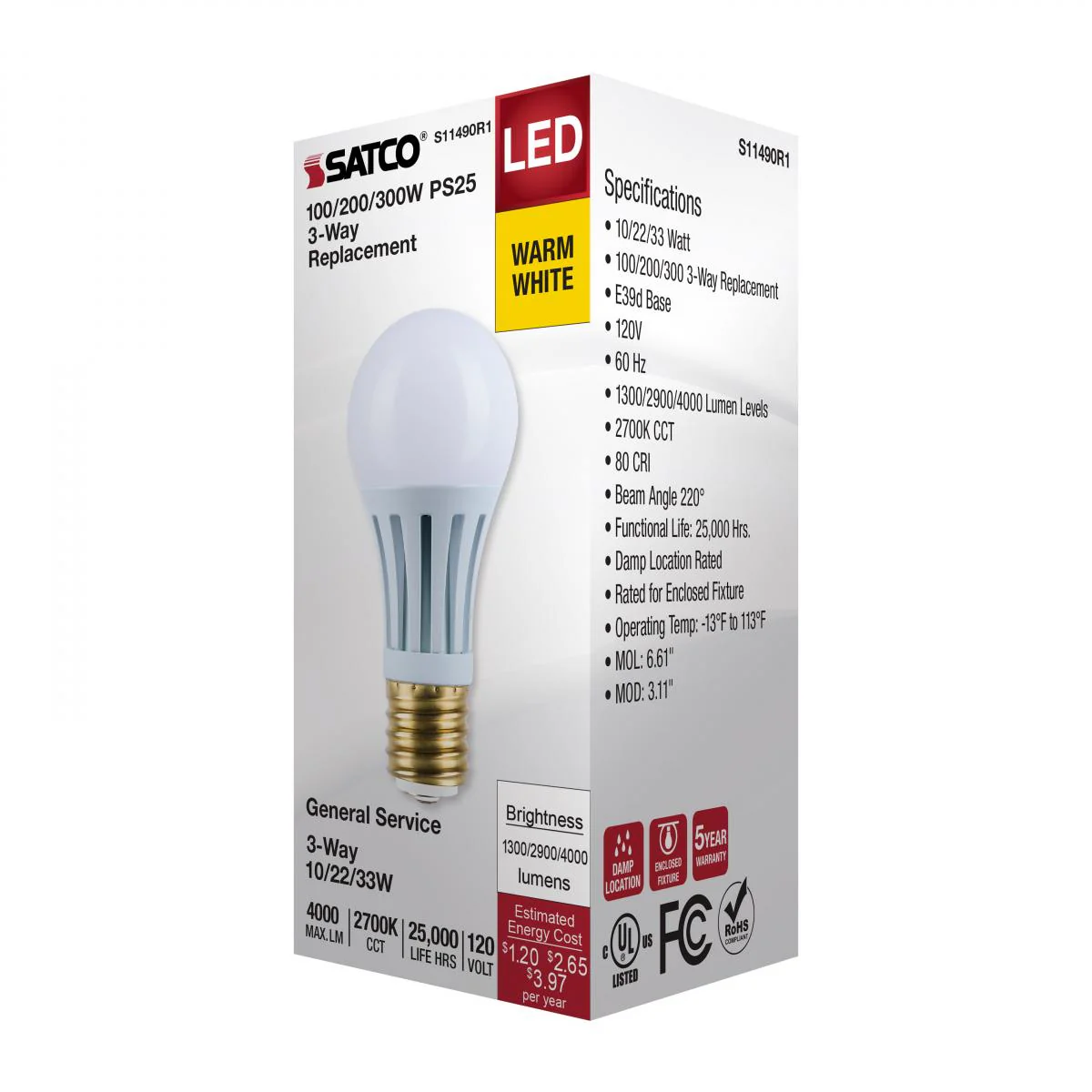 Satco PS25 LED Three-Way Lamp Wattage Tunable 2700K E39d Mogul Base 120v - Image 4