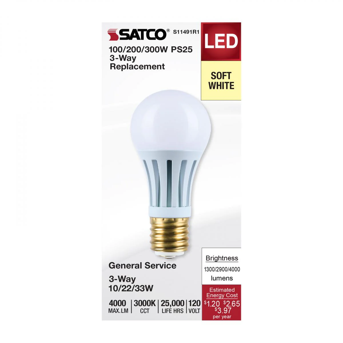 Satco PS25 LED Three-Way Lamp Wattage Tunable 3000K E39d Mogul Base 120v - Image 2