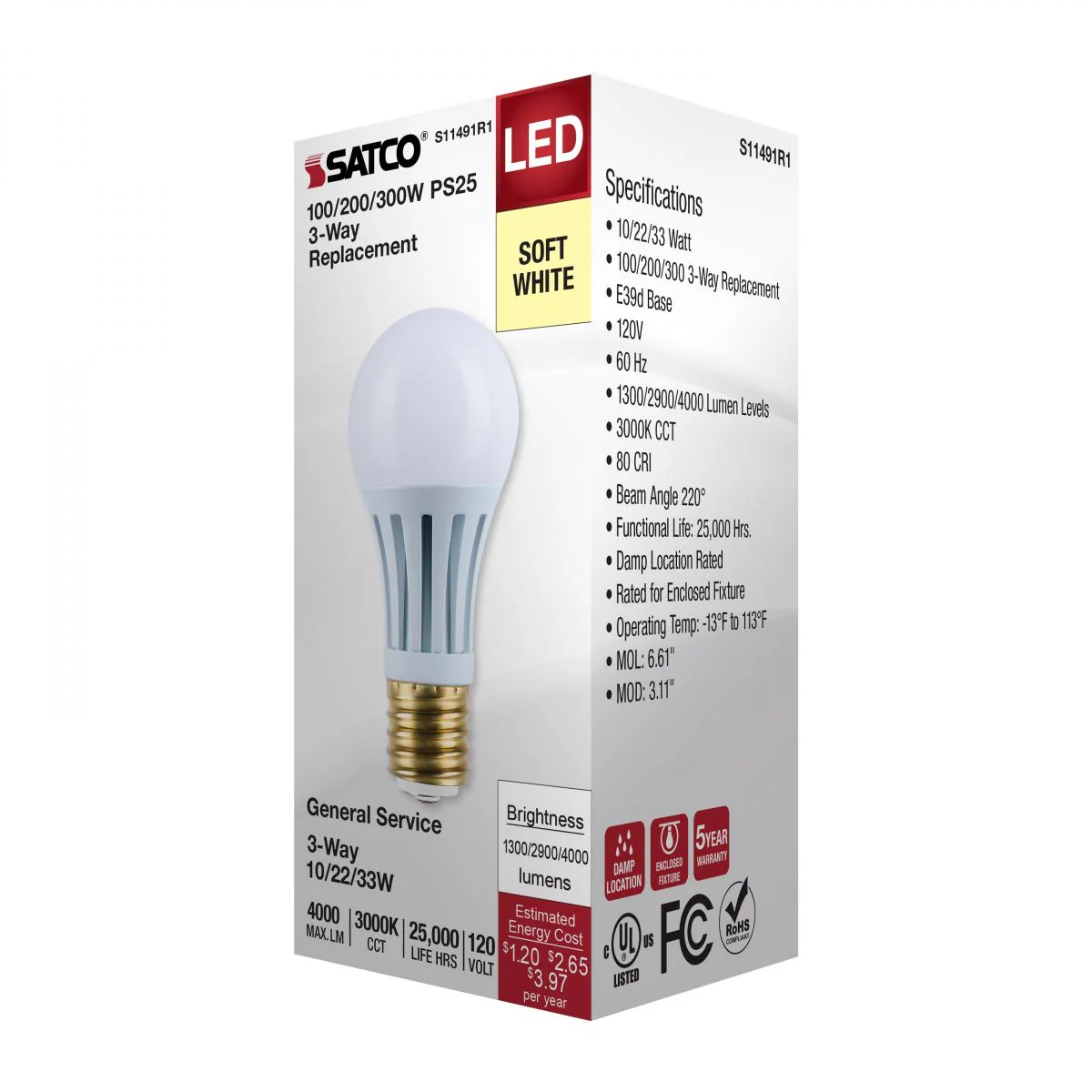 Satco PS25 LED Three-Way Lamp Wattage Tunable 3000K E39d Mogul Base 120v - Image 3