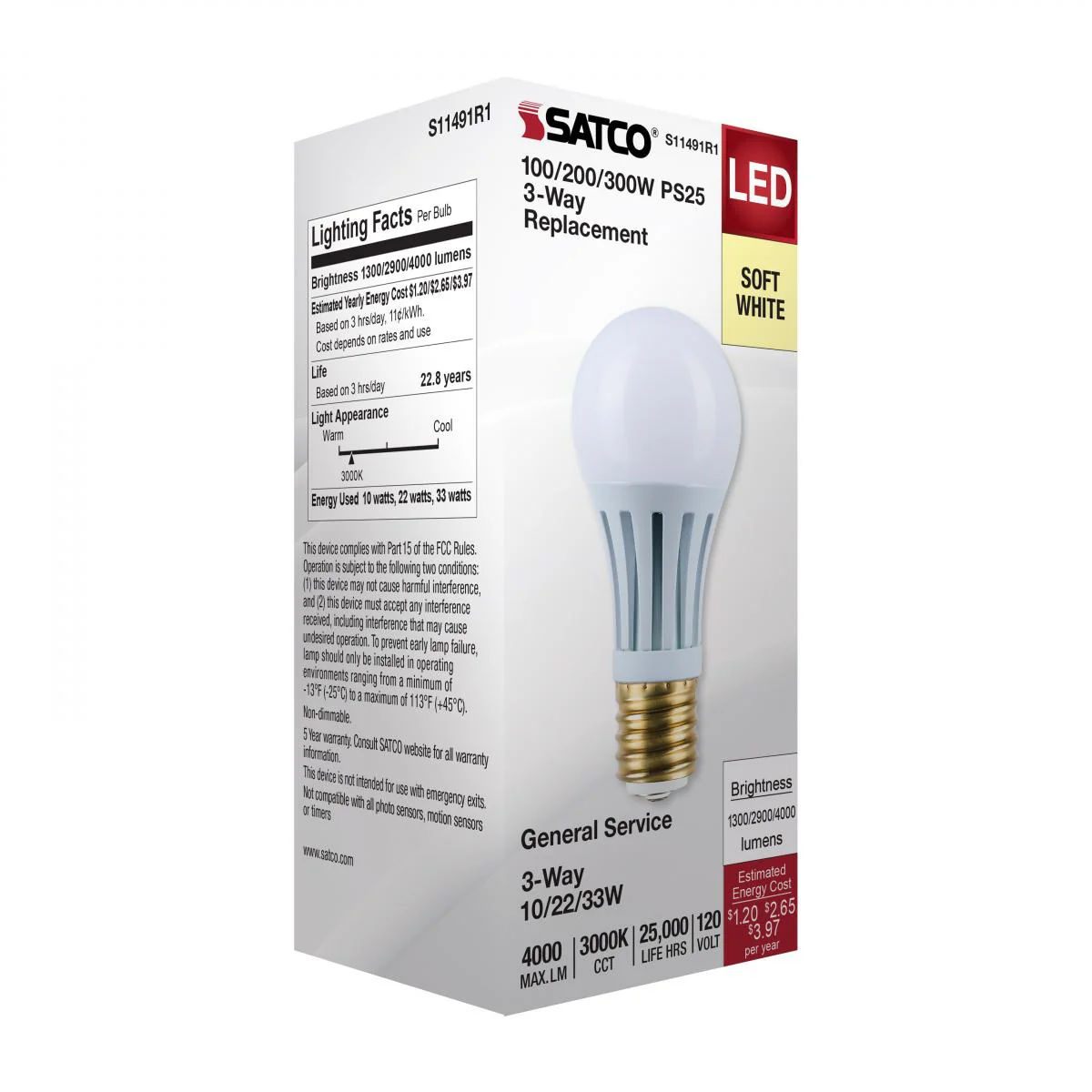 Satco PS25 LED Three-Way Lamp Wattage Tunable 3000K E39d Mogul Base 120v - Image 4