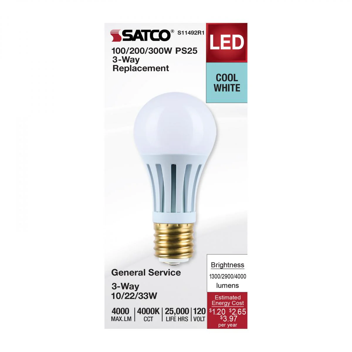 Satco PS25 LED Three-Way Lamp Wattage Tunable 4000K E39d Mogul Base 120v - Image 2