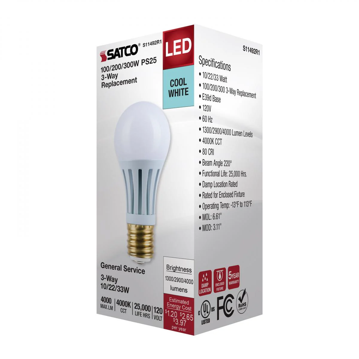 Satco PS25 LED Three-Way Lamp Wattage Tunable 4000K E39d Mogul Base 120v - Image 4