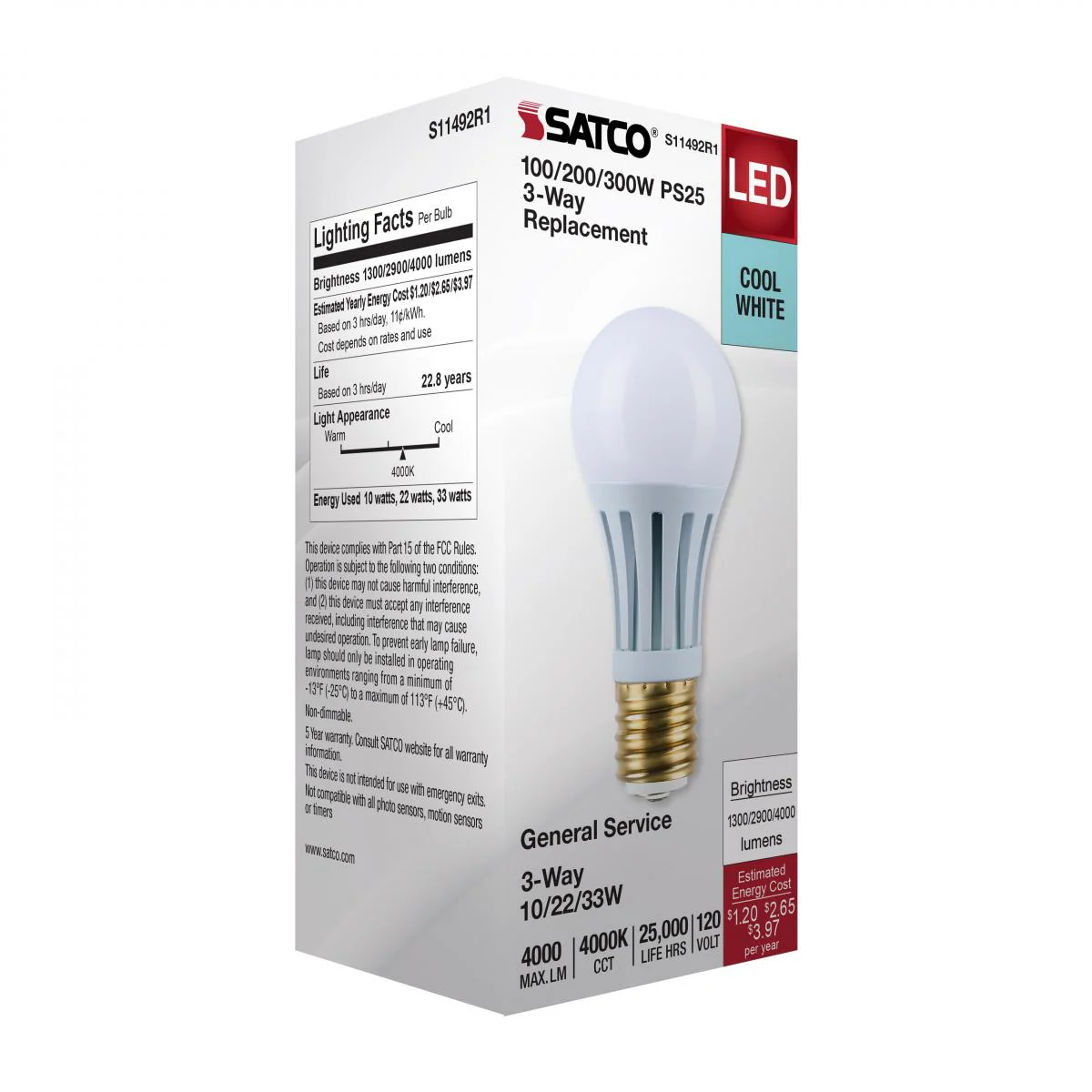 Satco PS25 LED Three-Way Lamp Wattage Tunable 4000K E39d Mogul Base 120v - Image 5