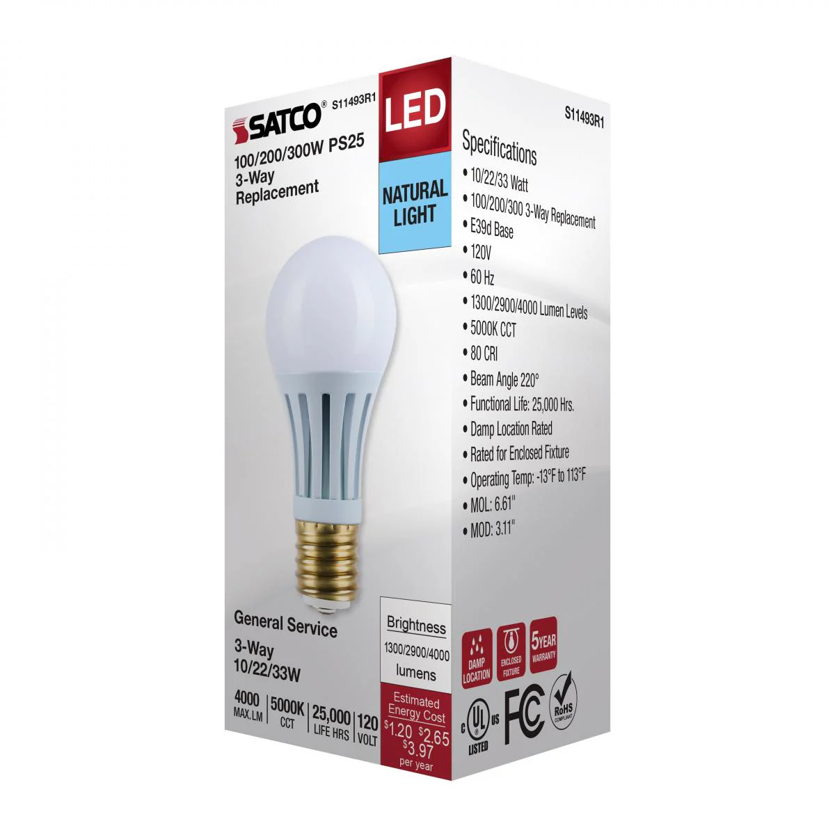 Satco PS25 LED Three-Way Lamp Wattage Tunable 5000K E39d Mogul Base 120v - Image 4