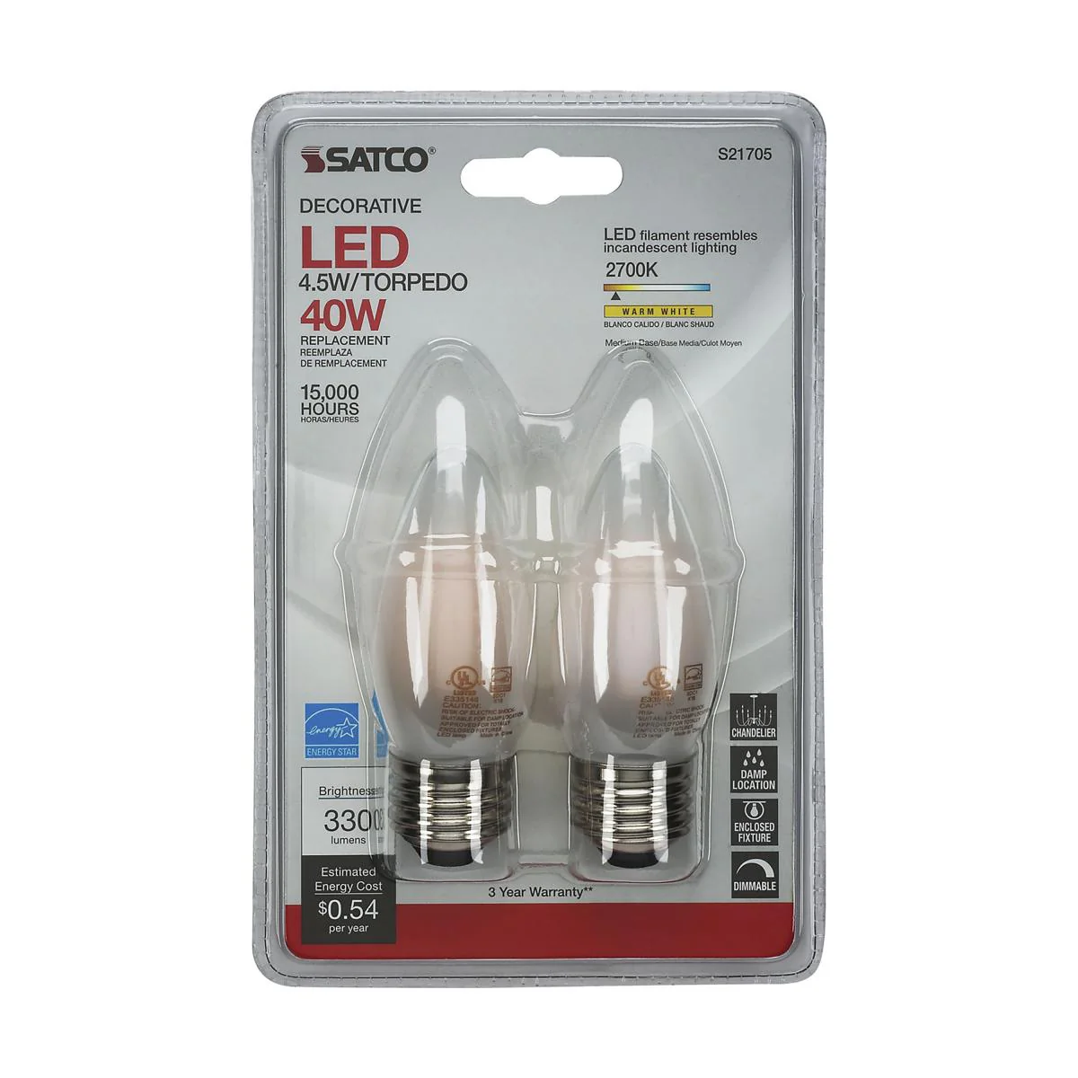 2Pk - Satco 4.5w B11 LED Frosted 350lm 2700k Warm White E26 Base Dimmable Bulb - Image 3