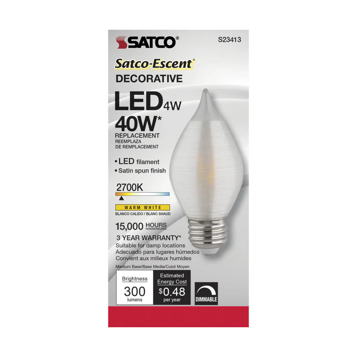 Satco S23413 4w C15 LED Satin Spun Clear 120v Medium Base 300lm 2700k bulb - Image 3