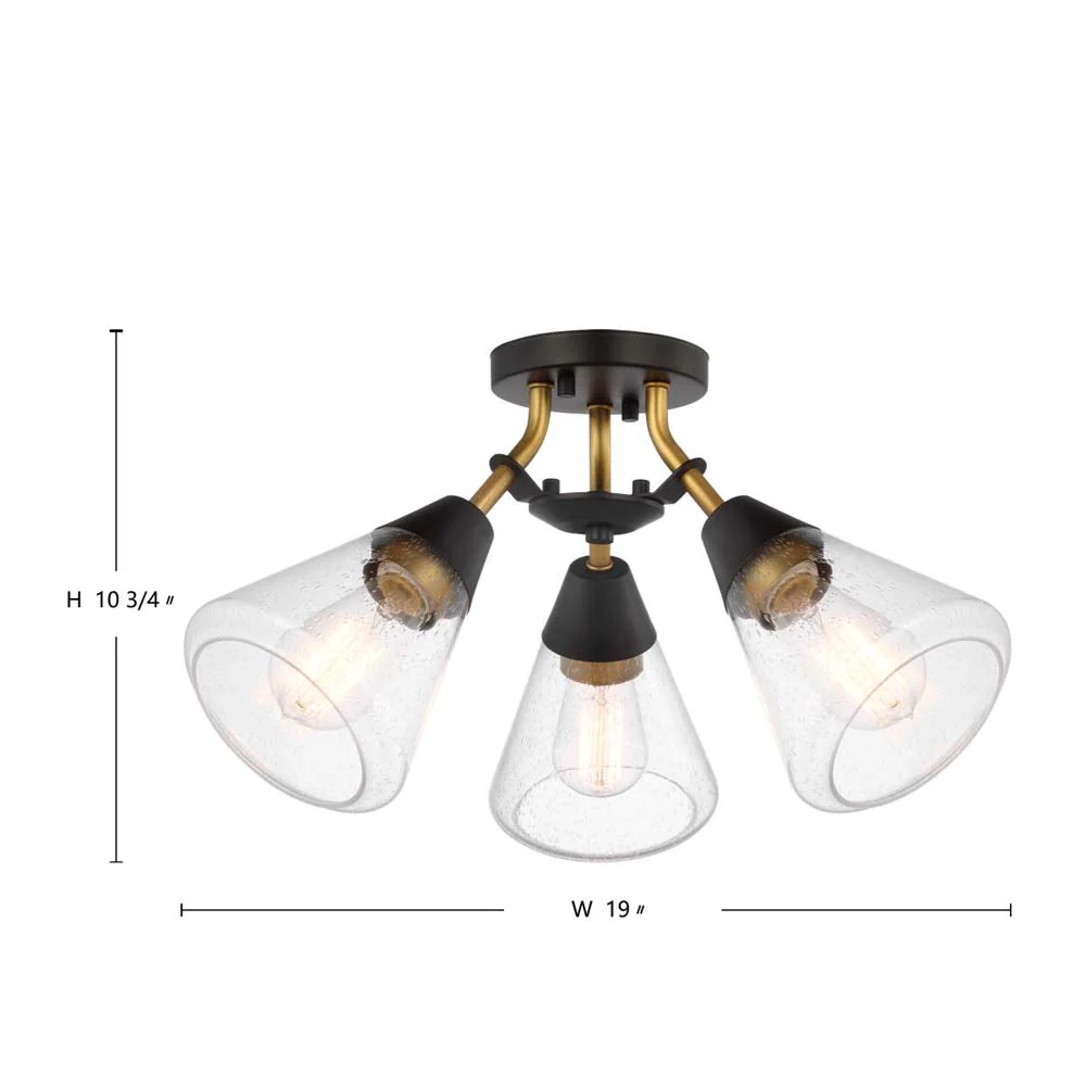 Starlight 60w 3-Light Semi Flush Clear Seeded Glass Mount E26 Base Black Finish - Image 5