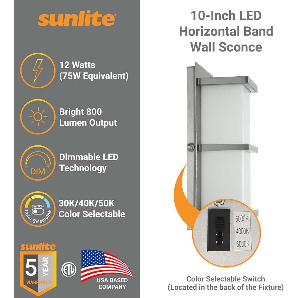 Sunlite 10-In 12w LED Horizontal Band Wall Sconce CCT Selectable - 75w equiv - Image 3