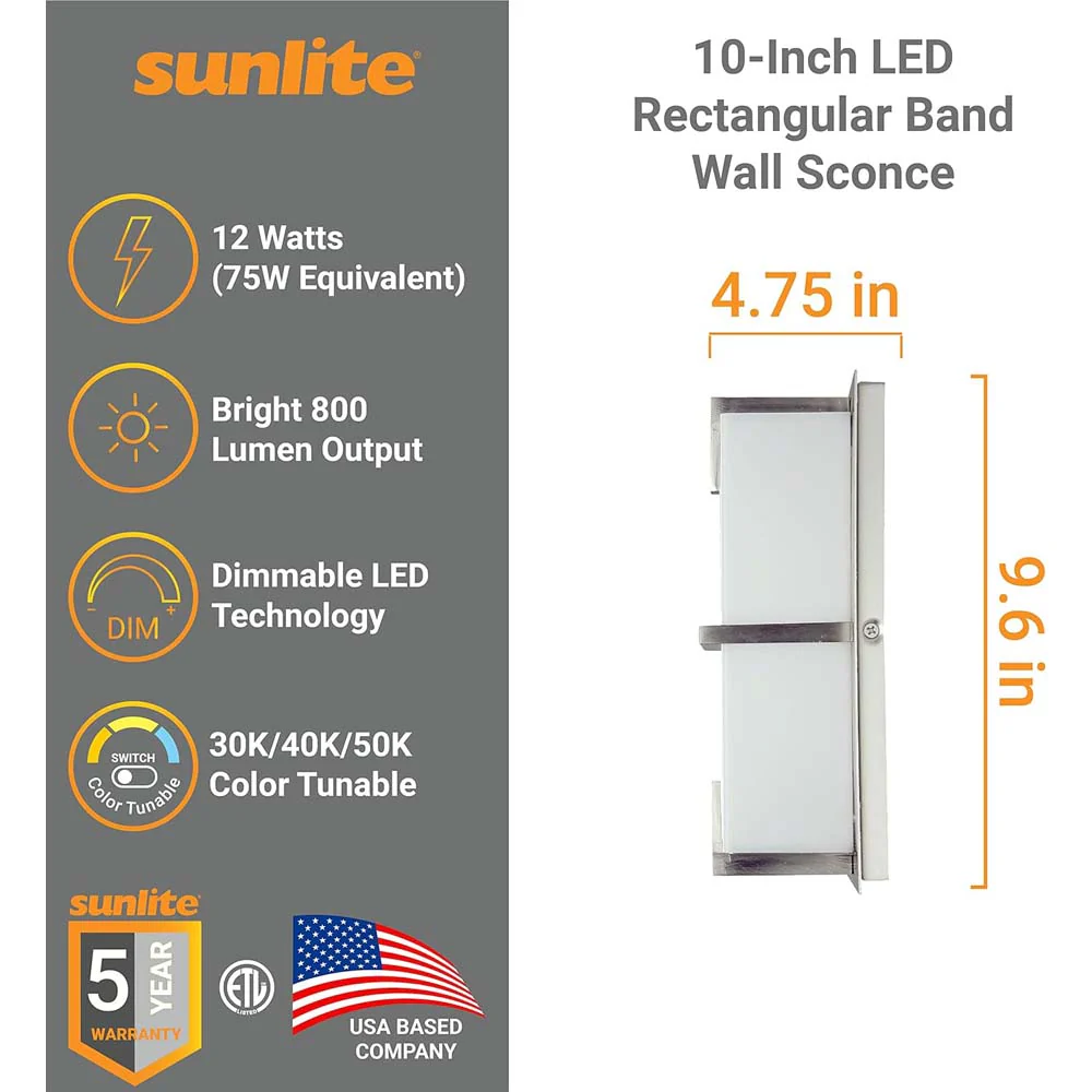 Sunlite 10-In 12w LED Rectangular Wall Sconce CCTSelectable Dimmable - 75w equiv - Image 2