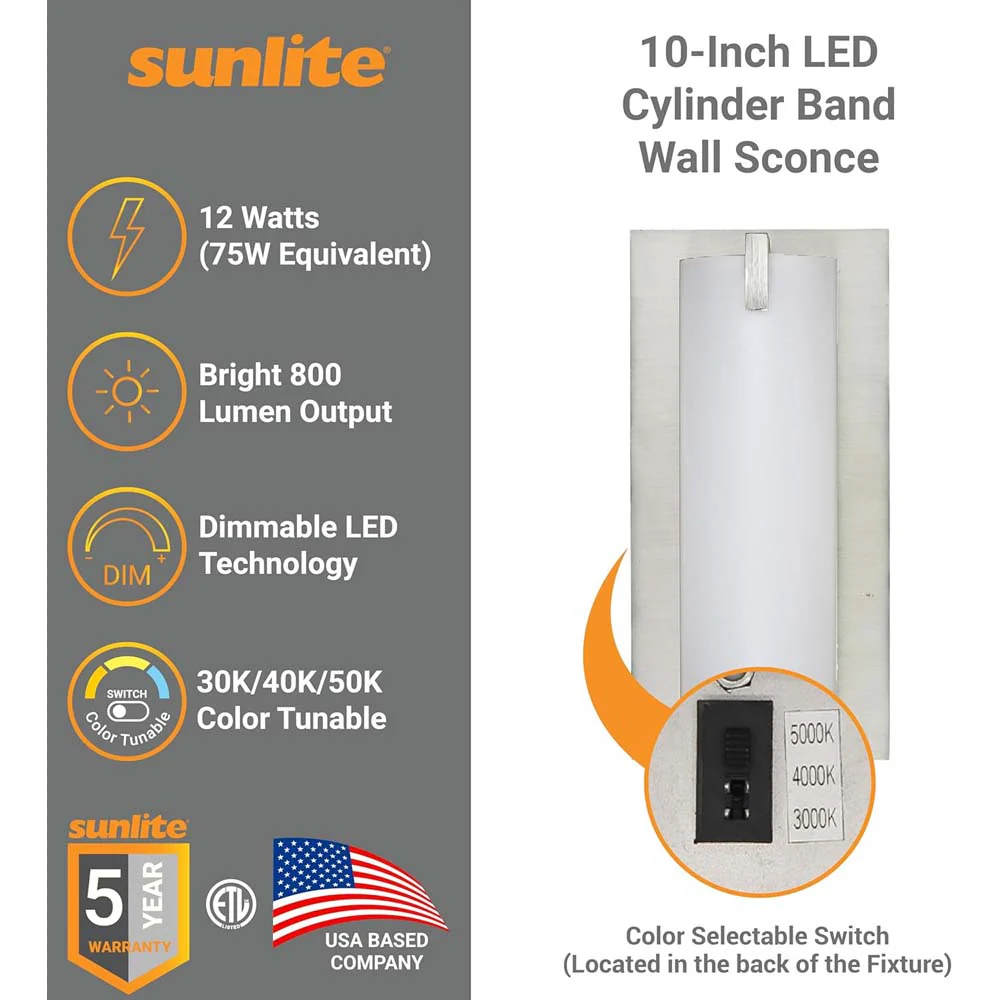 Sunlite 10-In 12w LED Wall Cylinder Sconce CCT Selectable Dimmable - 75w equiv - Image 3